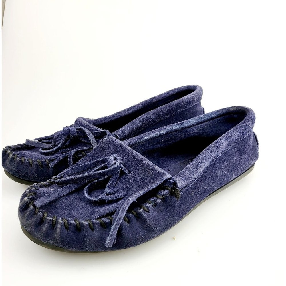 MINNETONKA‎ Eggplant Fringed Moccasins 7 Moosehide Suede Leather Flats Boho